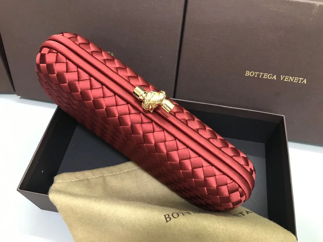 Style No. 8651, upgraded version of full silk evening bag inside and outside~~~INTRECCIATO woven IMPERO STRETCH KNOT clutch bag, hand-woven silk, smooth satin piping, Intrecciato engraved metal buckle, silk satin lining. Large size: 25cm*10cm*5cm